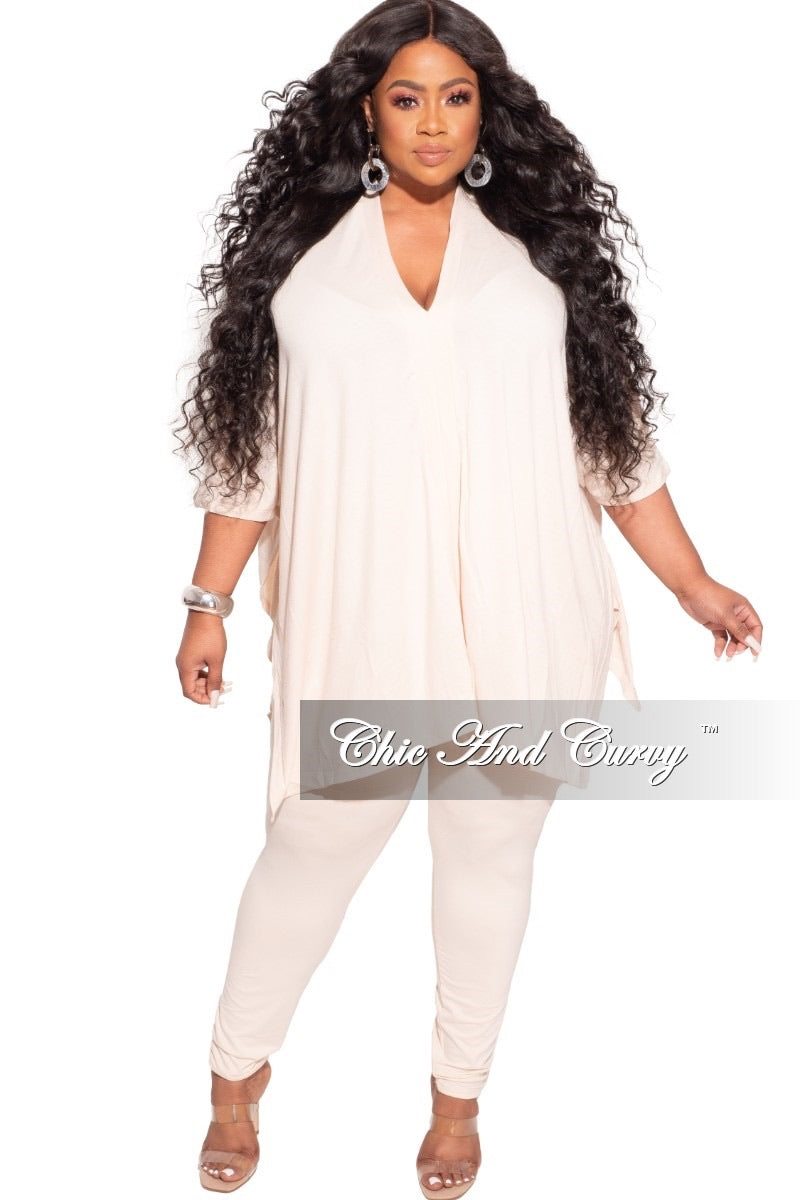Final Sale Plus Size 2pc V Neck Tunic Top and Matching Legging Set in Ivory