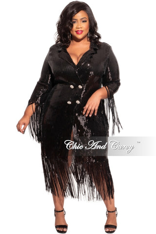 Final Sale Plus Size Sequin Coat Dress / Blazer with Rhinestone Buttons &  Fringe Bottom in Black