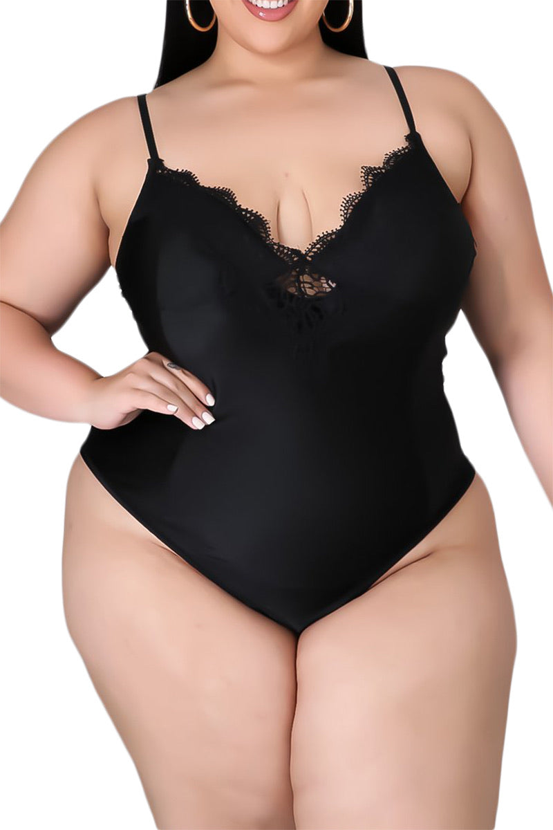 Final Sale Plus Size Spaghetti Strap Thong Bodysuit in Black*