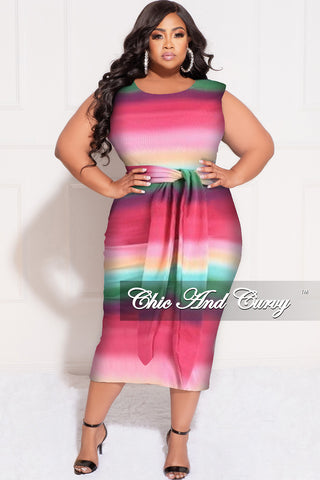 Final Sale Plus Size Light Ribbed Sleeveless Shoulder Pad Midi Dress with Waist Tie in Pink Multi-Color Print