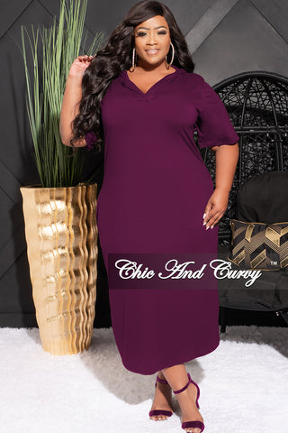 Final Sale Plus Size Hooded Midi Dress with Distress Back in Purple Plum