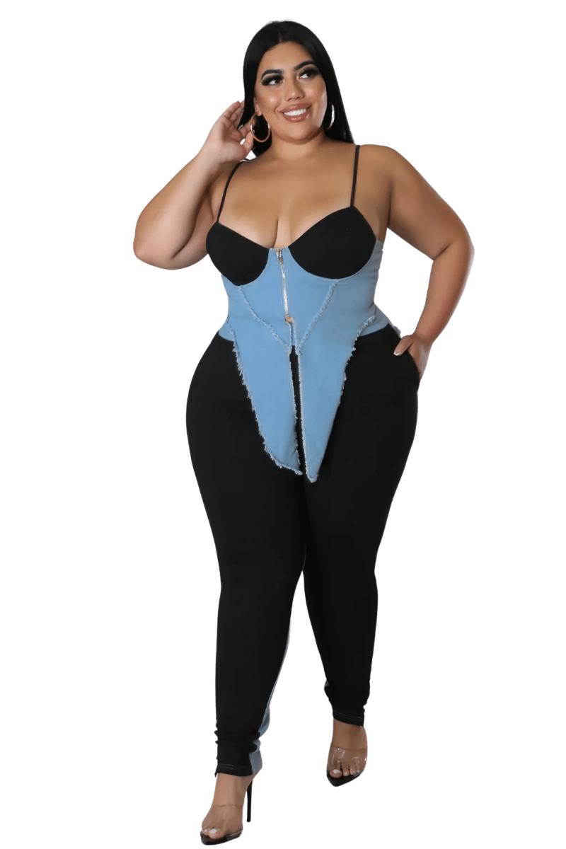 Final Sale Plus Size 2pc Spaghetti Strap Top and Pants in Black & Blue Faux Denim & Jersey Fabric