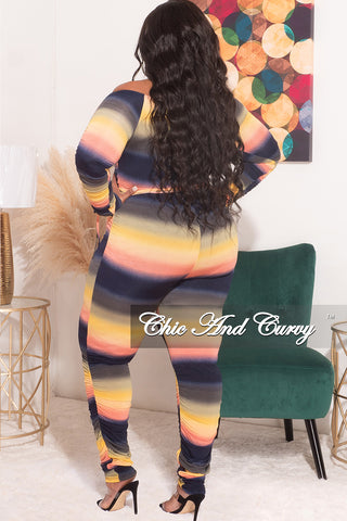 Final Sale Plus Size 2pc Off the Shoulder Ruched Crop Top & Pants Set in Navy Yellow and Pink