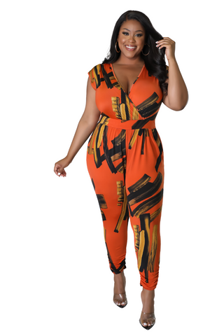 Final Sale Plus Size Sleeveless Faux Wrap Jumpsuit in Orange Multi-Color Print