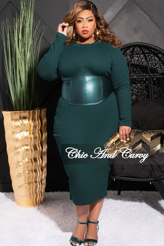 Final Sale Plus Size Faux Leather Corset Waist Midi Dress in Green