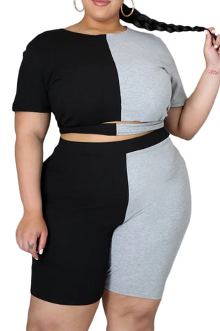 Final Sale Plus Size Half & Half 2pc Set in Black & Grey
