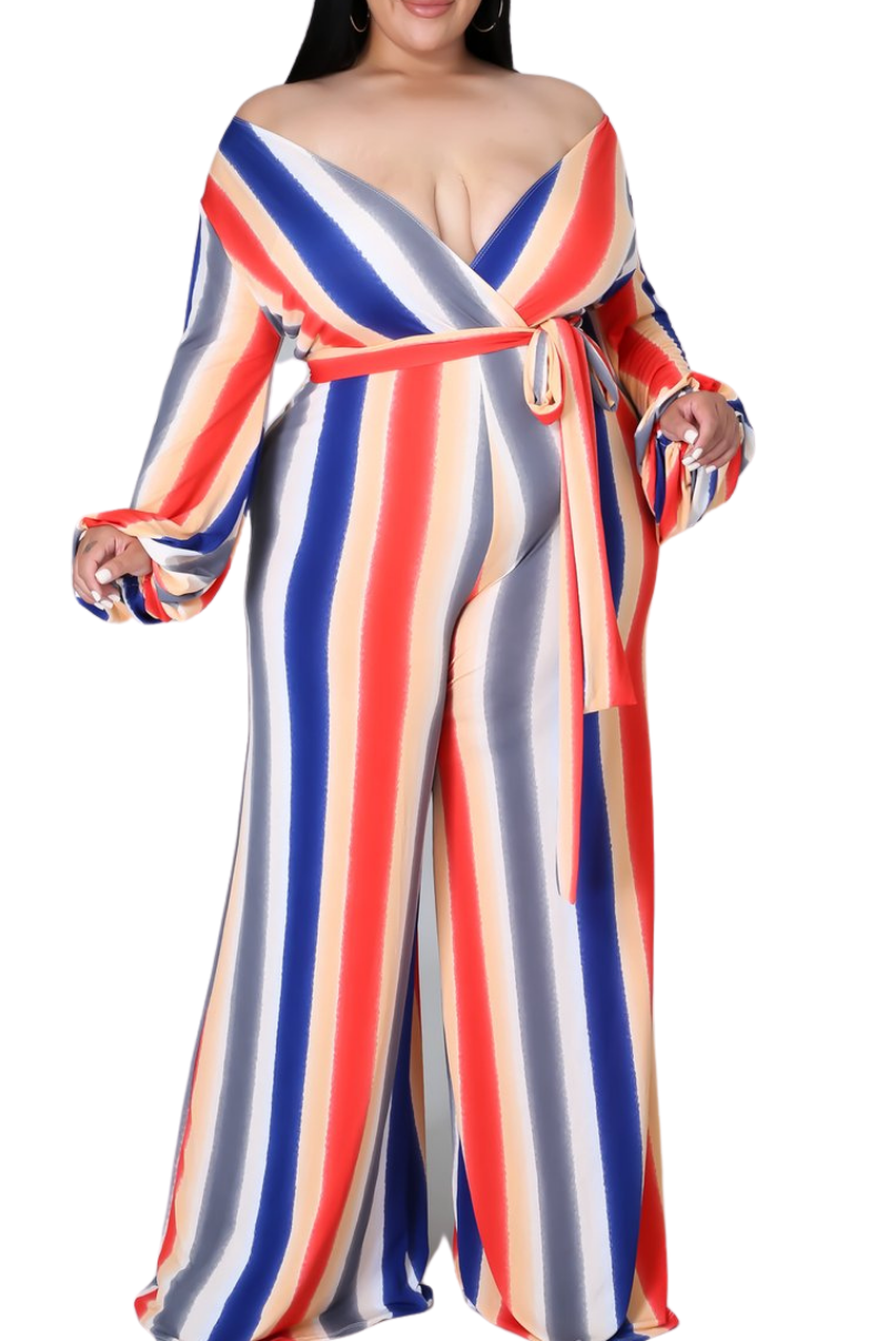 Final Sale Plus Size Long Sleeve Faux Wrap Jumpsuit with Attached Tie in Stripe Print