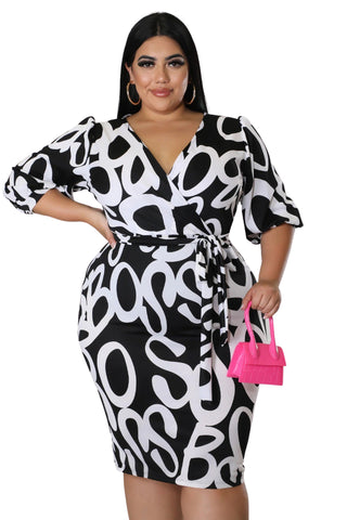 Final Sale Plus Size Faux Wrap BodyCon Dress with Waist Tie in Black and White Design Print