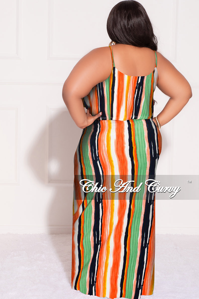 Final Sale Plus Size Maxi Dress with Spaghetti Straps & Overlay Ruffle in Multi-Color Vertical Stripes