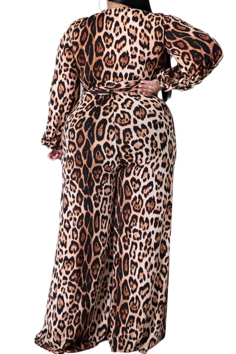 Final Sale Plus Size Jumpsuit with Attached Tie in Cheetah Print
