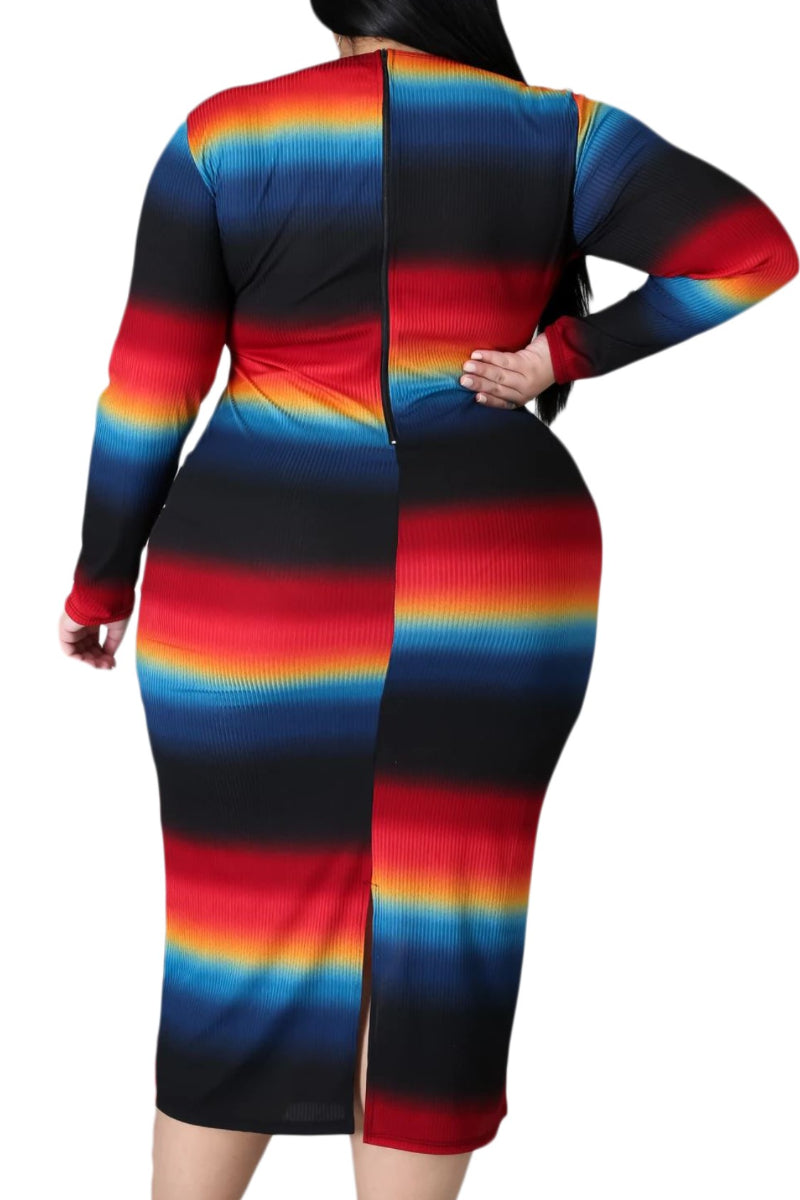 Final Sale Plus Size BodyCon Midi Dress in Ombre Sunset Print