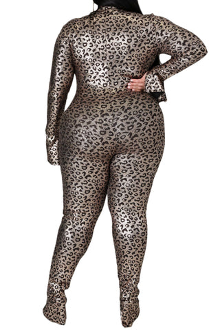 Final Sale Plus Size Zip-Up Jumpsuit in Gold Cheetah Print