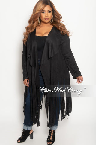 Final Sale Plus Size Jacket in Faux Suede with Bottom Fringe and Tie in Black