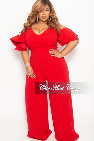 Final Sale Plus Size Faux Wrap Cold Shoulder Jumpsuit with Ruffle Sleeves in Red