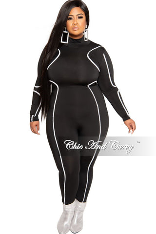 Final Sale Plus Size Mock Neck Jumpsuit in Black with White Trim