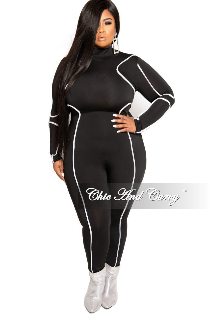 Final Sale Plus Size Mock Neck Jumpsuit in Black with White Trim