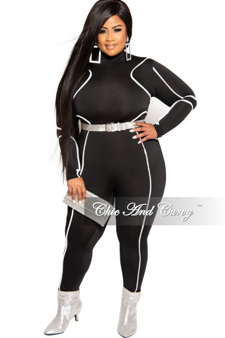 Final Sale Plus Size Mock Neck Jumpsuit in Black with White Trim