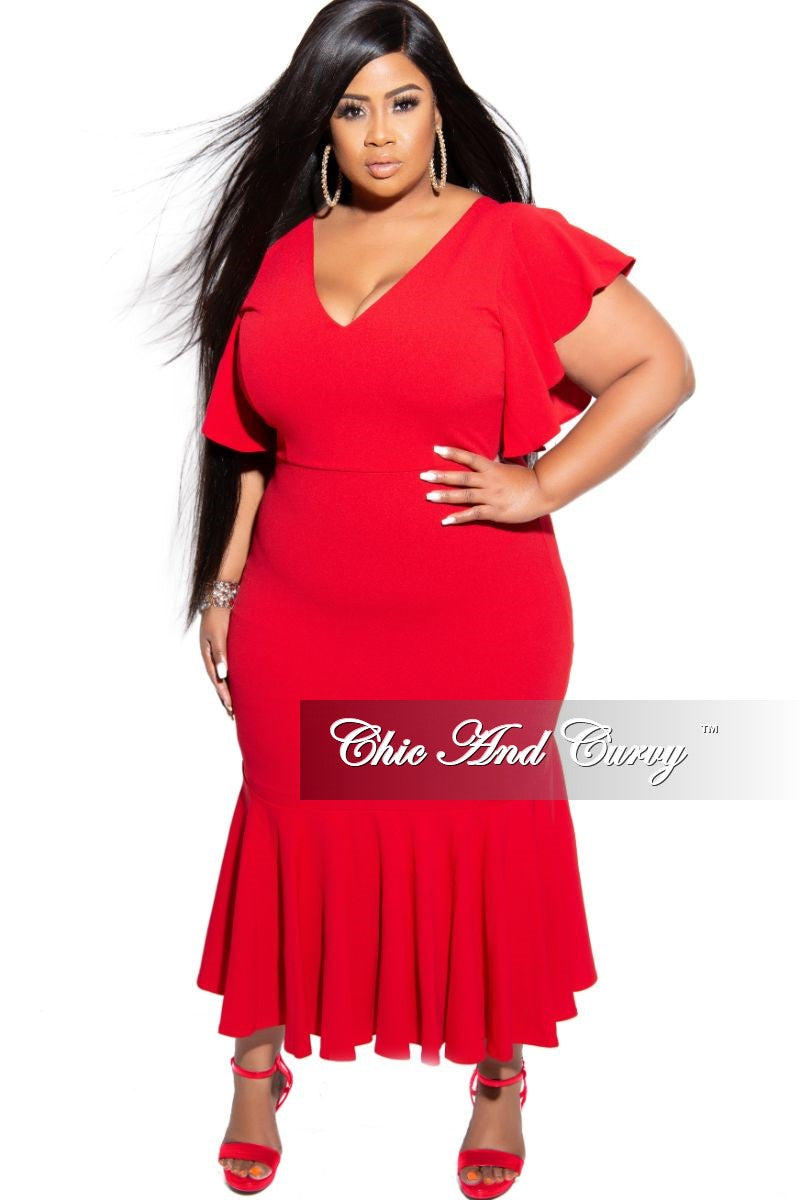 Final Sale Plus Size Flutter Sleeve Ruffle Bottom BodyCon Dress in Red