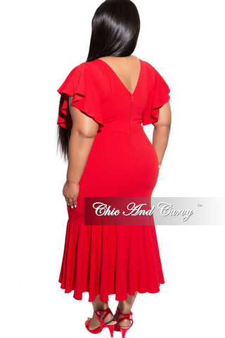 Final Sale Plus Size Flutter Sleeve Ruffle Bottom BodyCon Dress in Red
