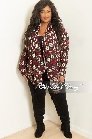 Final Sale Plus Size Cardigan in Burgundy and Cream Tribal Print
