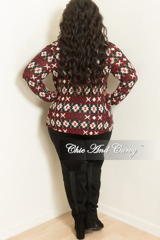 Final Sale Plus Size Cardigan in Burgundy and Cream Tribal Print