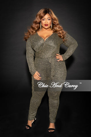 Final Sale Plus Size Faux Wrap Jumpsuit with Attached Tie in Gold Glitter and Black
