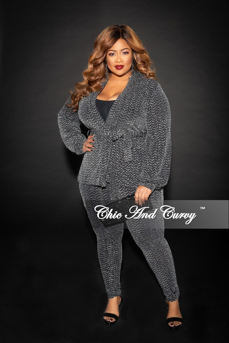 Final Sale Plus Size Final Sale Plus Size Jacquard 2-Piece Lounge Set with Tie in Silver and Black Glitter (Seasonal)