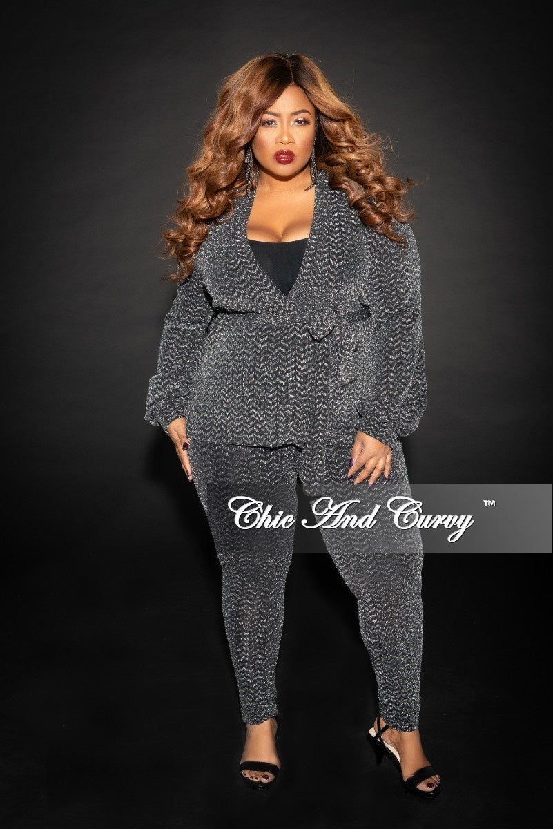 Final Sale Plus Size Final Sale Plus Size Jacquard 2-Piece Lounge Set with Tie in Silver and Black Glitter (Seasonal)