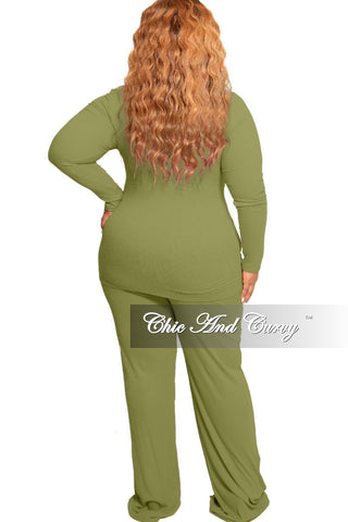 Final Sale Plus Size 2-Piece Long Sleeve Ribbed Tie Top and Pants Set in Olive