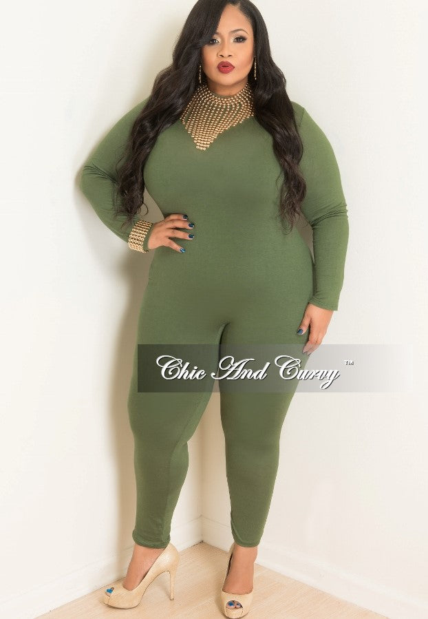 Final Sale Plus Size Long Sleeve BodySuit/Jumpsuit in Olive Green