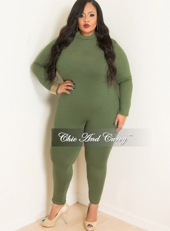 Final Sale Plus Size Long Sleeve BodySuit/Jumpsuit in Olive Green – Chic  And Curvy