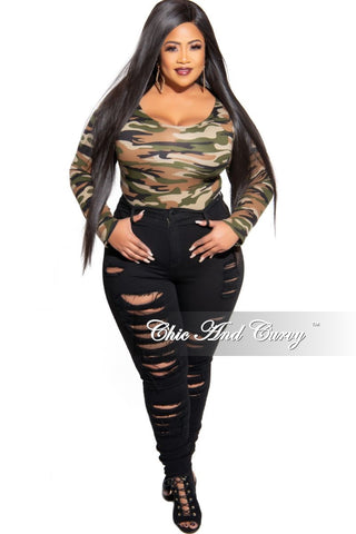 Final Sale Plus Size Long Sleeve Bodysuit in Olive and Sand Camouflage Print (Light)