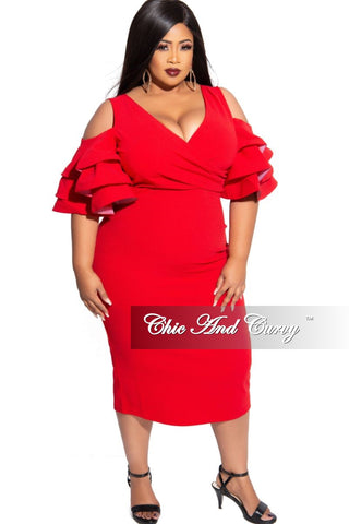 Final Sale Plus Size Faux Wrap Cold Shoulder Ruffle BodyCon Dress in Red