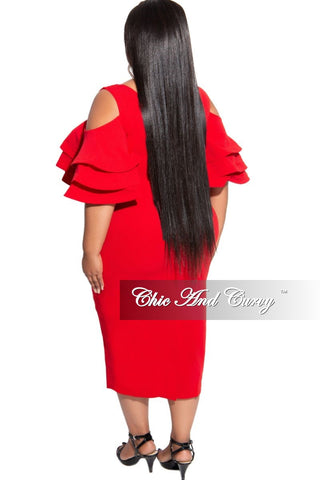 Final Sale Plus Size Faux Wrap Cold Shoulder Ruffle BodyCon Dress in Red