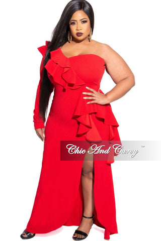 Final Sale Plus Size One Sided Ruffle Gown with Front Slit in Red
