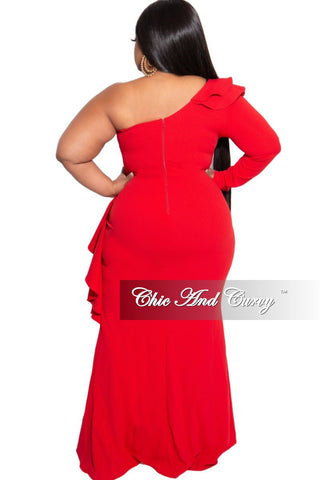 Final Sale Plus Size One Sided Ruffle Gown with Front Slit in Red