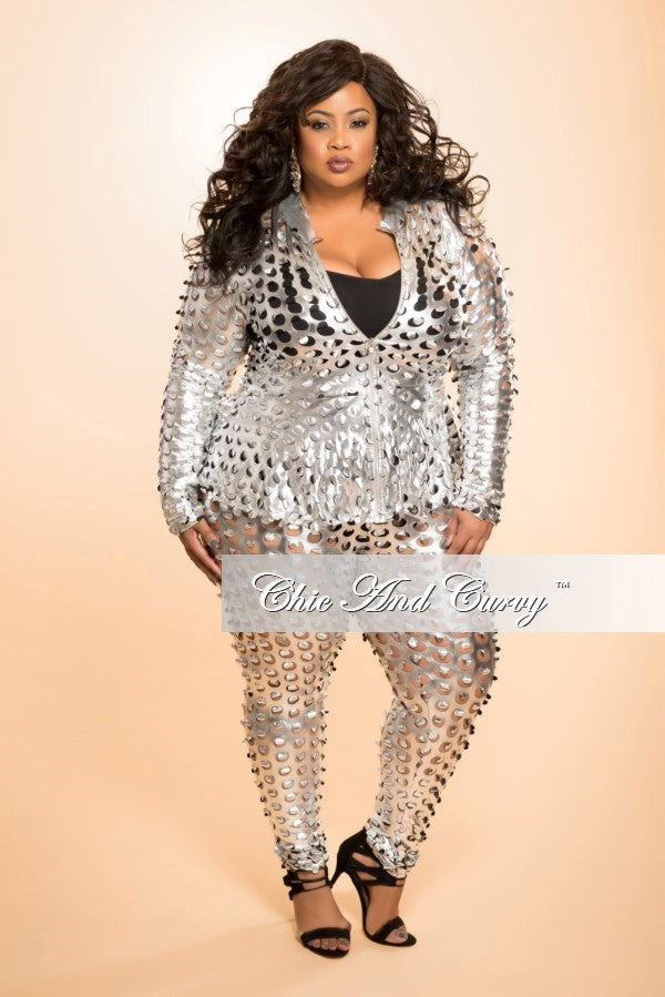 Final Sale Plus Size 2pc Jacket and Pant Set with Circle Laser Cutouts in Silver Liquid