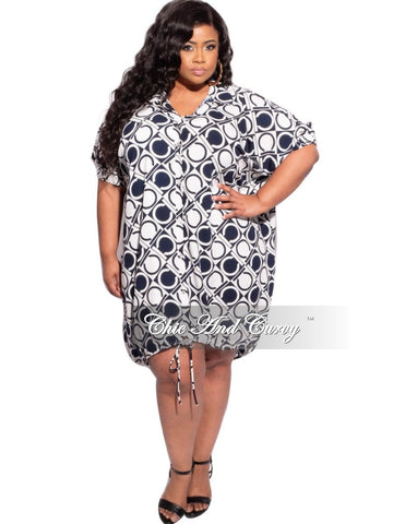 Final Sale Plus Size Button Tie Balloon Dress in Navy & Off White Initial Geometric Print
