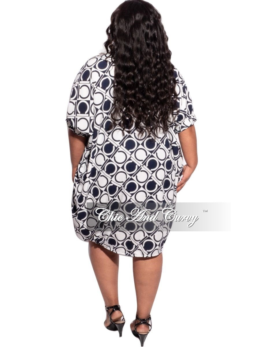 Final Sale Plus Size Button Tie Balloon Dress in Navy & Off White Initial Geometric Print