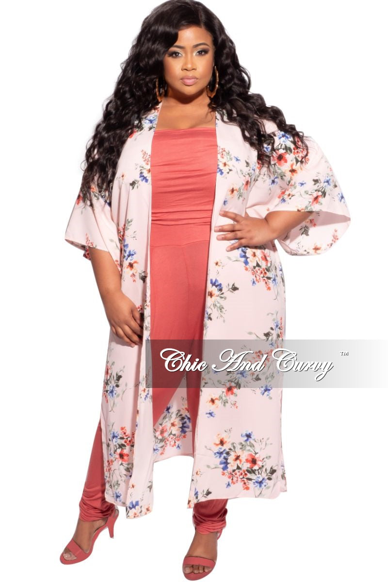 *Final Sale Plus Size 3/4 Sleeve Duster with Light Pink Background and Multicolor Floral Print