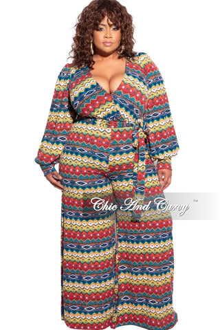 Final Sale Plus Size Faux Wrap Bishop Sleeve Palazzo Jumpsuit in Multicolor Design Print