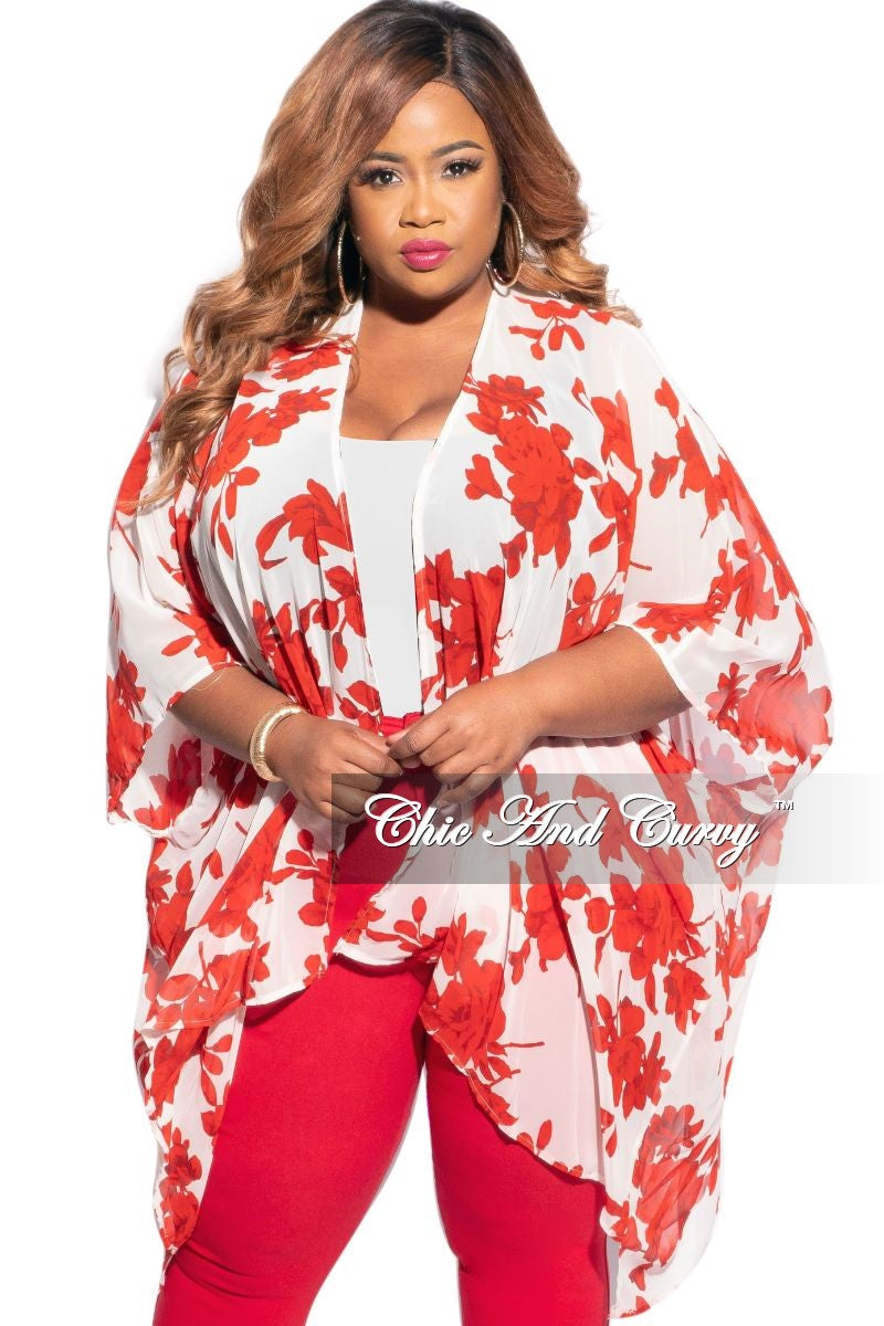 Final Sale Plus Size 3/4 Sleeve Chiffon Duster in Ivory and Red Floral Print