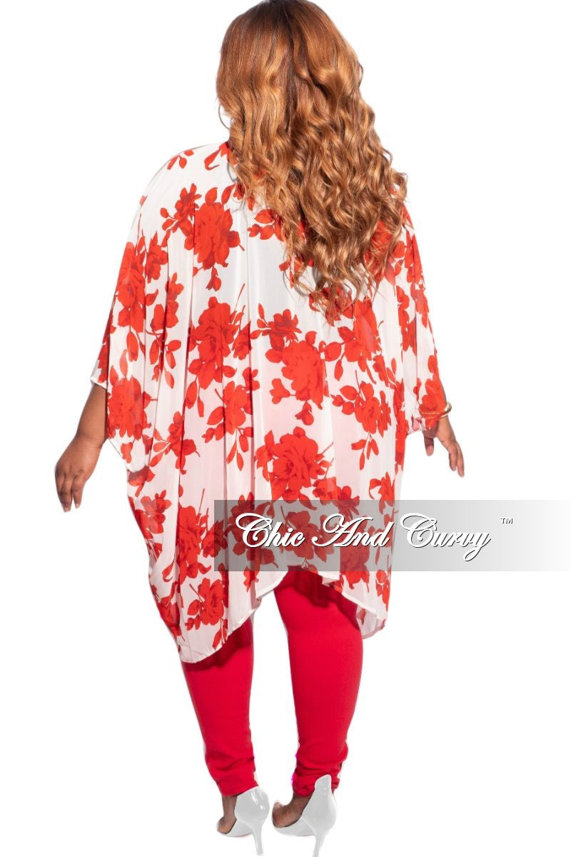 Final Sale Plus Size 3/4 Sleeve Chiffon Duster in Ivory and Red Floral Print