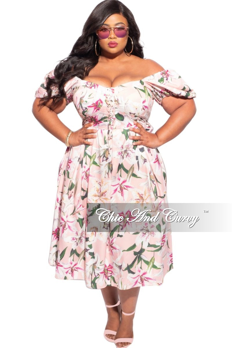 Final Sale Plus Size Off the Shoulder Dress in Pink & White Floral Print