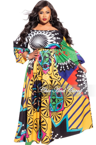 Final Sale Plus Size Off the Shoulder Maxi Dress in Multi Color Design Print
