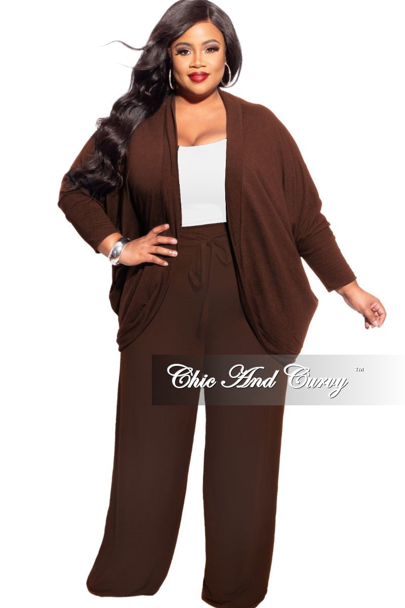 Final Sale Plus Size 2-Piece Cardigan and Palazzo Pants Set in Brown