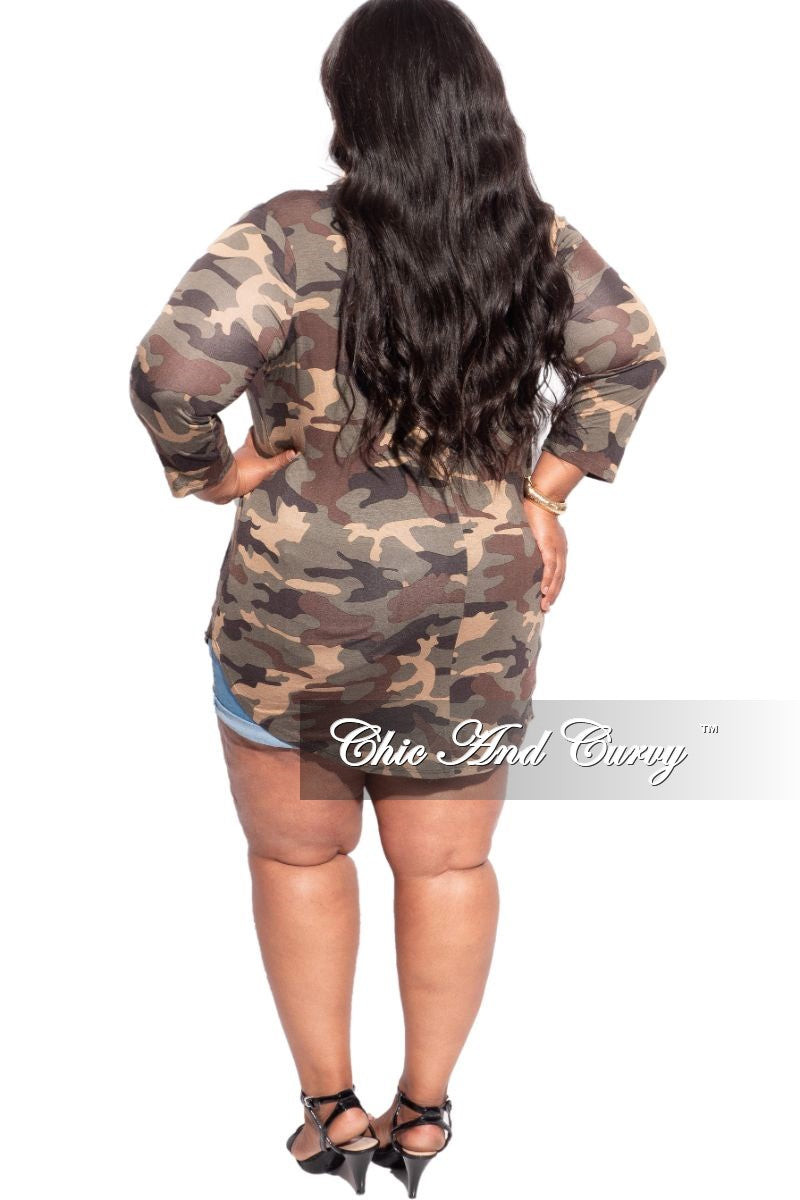 Final Sale Plus Size Top in Camouflage with Round Neck or V-Neck