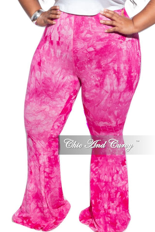 Final Sale Plus Size Bell Bottom Pants Fuchsia & White Tie Dye Print