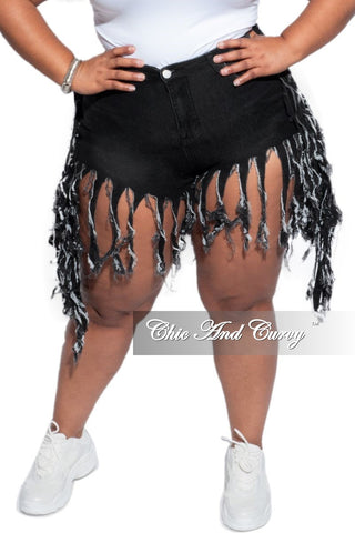 Final Sale Plus Size Black Denim Fringe Shorts