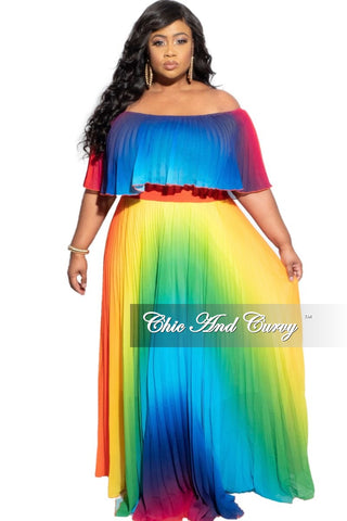 Final Sale Plus Size Strapless Chiffon Pleated Long Dress in a Rainbow Print
